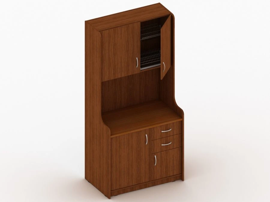 مطبخ صغير للمكتب مع أدراج ورفوف