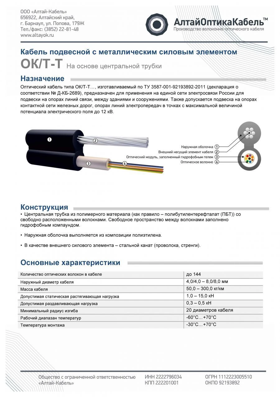 Optical Communication Cable OK/T-T for Communication Networks