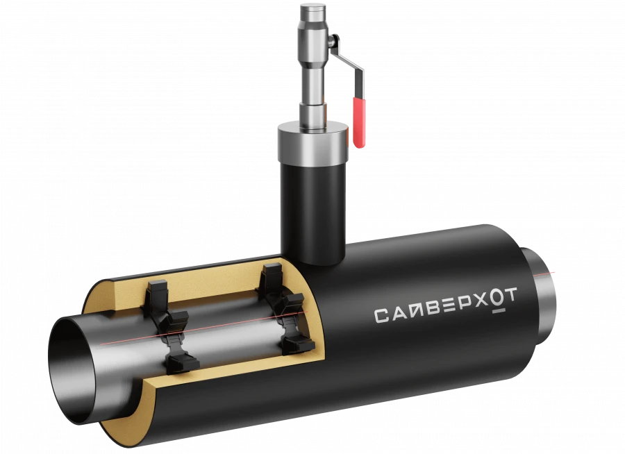 Tee with ball valve, St 09G2S (GOST 8732-78) 76x3,5 - 32 - 1 - PPU PE - MZI