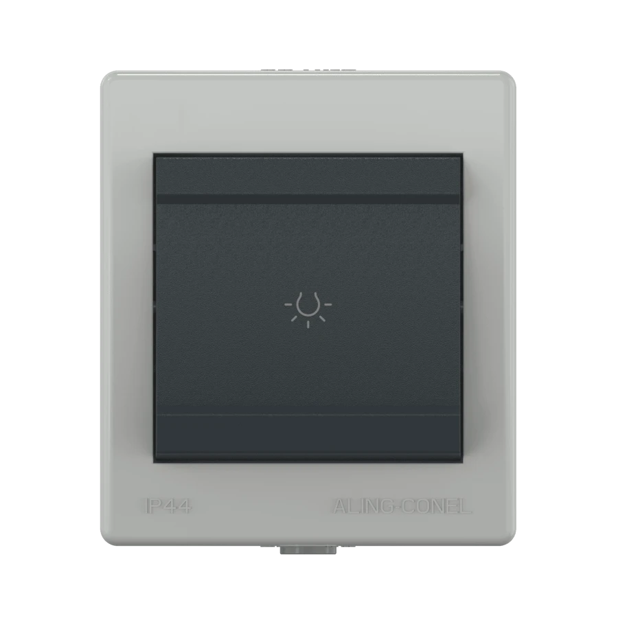 مفتاح CADUCEUS ALING POWER ذو الزر الواحد للتوصيل المفتوح 10AX، 250V~، IP44، رمادي غامق، فن. 255.1A