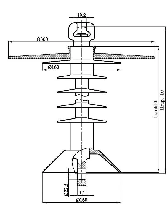 Suspended rod insulator with ribbed shell made of organosilicon rubber PSPKr 70-25/1,1-EZE-GU-1