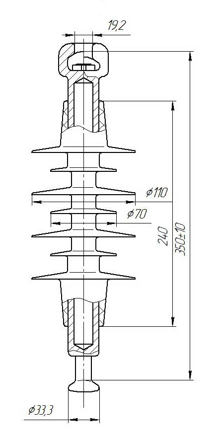 Insulator suspended rod insulator with ribbed shell made of organosilicon rubber PSPKr 70-3/0,6-0,6-GP