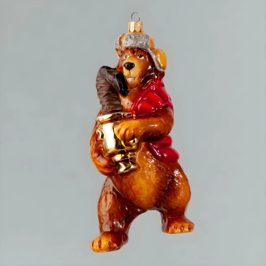 Handcrafted Glass Christmas Ornament - Bear with Samovar