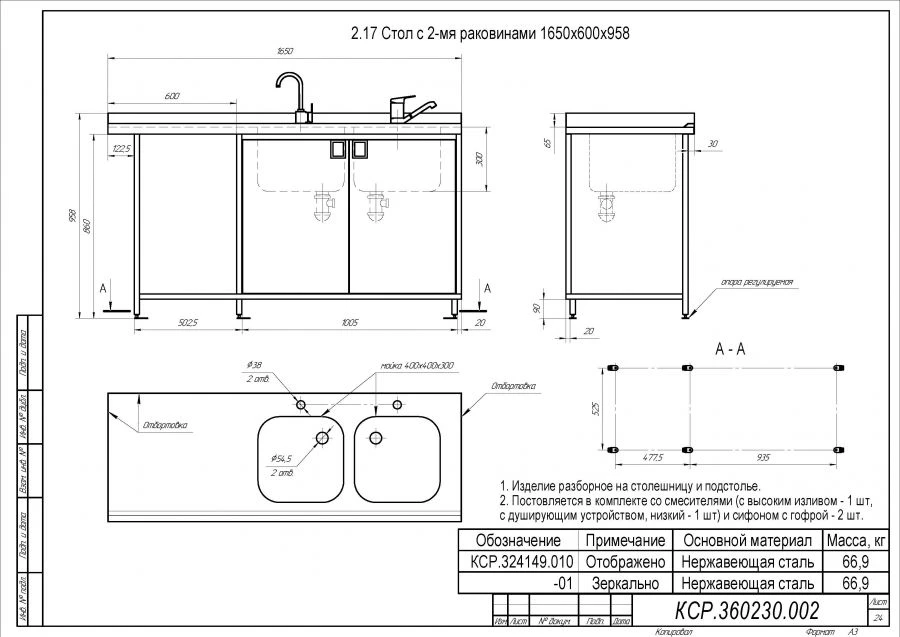 Double Sink Table 1650x600x958 for Specialized Use