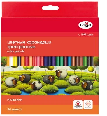 Color Pencils Gamma "Cartoons", 24 Colors, Triangular, Pre-Sharpened, Cardboard Packaging