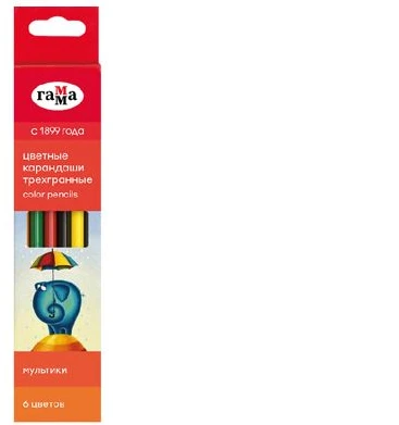 Gamma "Cartoons" Colored Pencils, 6 Colors, Triangular, Sharpened, Cardboard Packaging, Euro Hanger