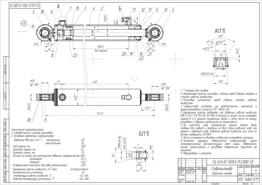 اسطوانة هيدروليكية GЦ 63/32x500.4.11.2.000