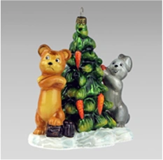 Handmade Glass Christmas Ornament "Bear and Bunny Decorating Tree with Carrot