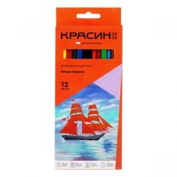 Bright Red Sails Colored Pencils by Krasin, 12 Colors, Pre-Sharpened, Cardboard Box