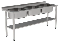 Stainless Steel Table with Three Sinks, Open with Edge, 1800x600x850 mm