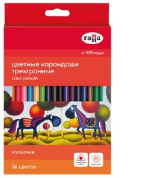 Gamma "Cartoons" Colored Pencils, 36 Colors, Triangular, Pre-Sharpened, Cardboard Box, Euro Hanger