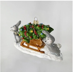 Handcrafted Glass Christmas Ornament "Bunnies Carrying a Tree