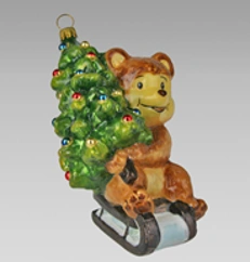 Handmade Glass Christmas Ornament "Bear on Sleigh with Tree
