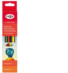 Gamma "Cartoons" Colored Pencils, 6 Colors, Triangular, Sharpened, Cardboard Packaging, Euro Hanger